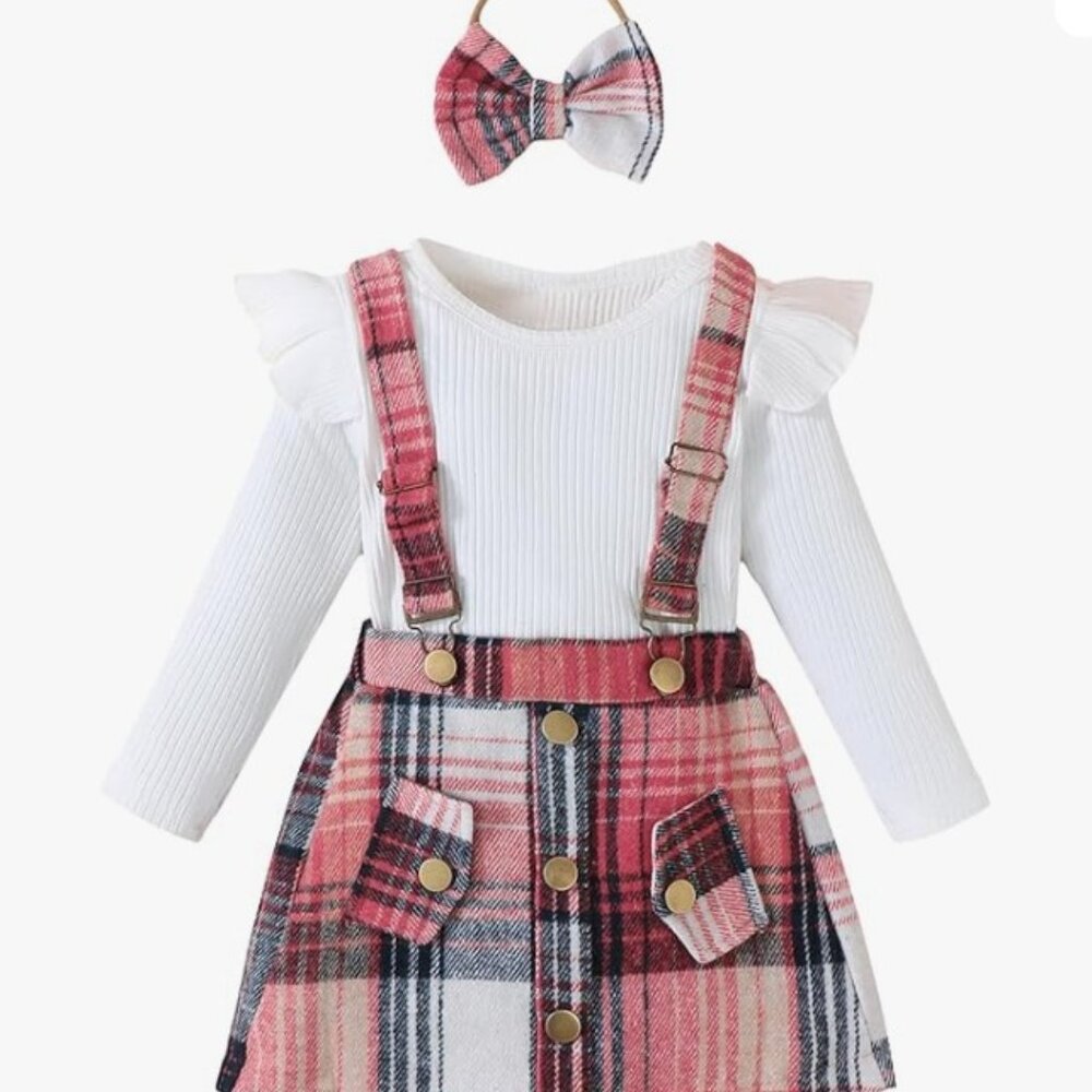 Girl Clothes Sets: 3 Piece Skirt Sets Ribbed Top Plaid Skirts with Headband Fall